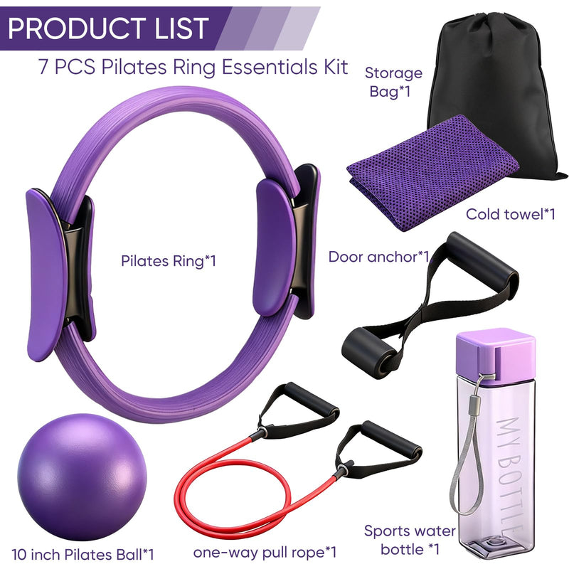 Soulchen 7pcs Pilates Ring Essentials Set for Women Pilates Ring and Ball Kit for Home Workouts 10 Inch Yoga Ball, Resistance Bands, Cold Towel & Bottle, Exercise Accessories Gifts for Women Beginners