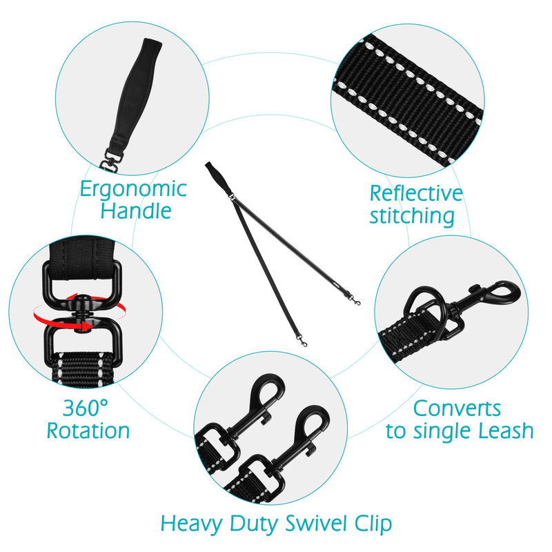 PetBonus Two Point Control Dog Leash, Works with No Pull Harnesses, No Tangle Dog Training Leashes, No Pull Padded and Reflective Walking Lead, Converts to Single Leash for Medium Large Dogs Black - BeesActive Australia