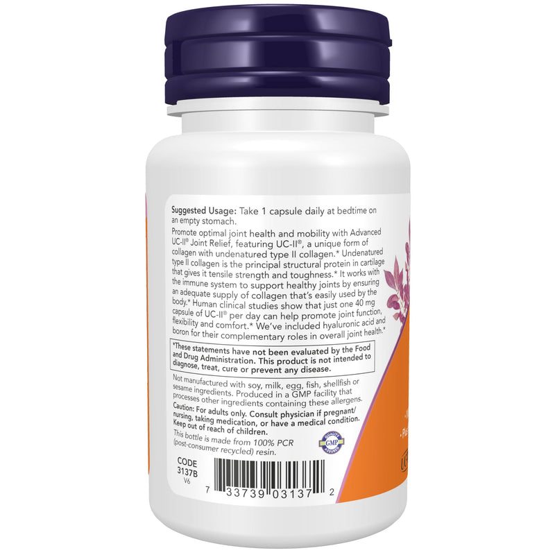 NOW Supplements, UC-II Advanced Joint Relief with Undenatured Type II Collagen, plus Hyaluronic Acid, Boron, Vitamin D-3, 60 Veg Capsules