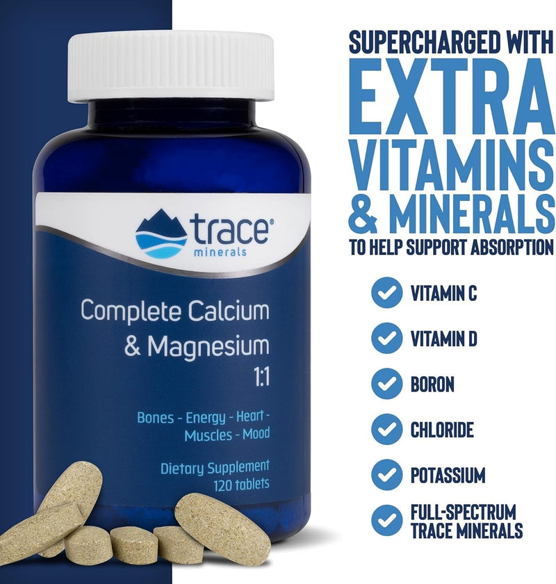 Trace Minerals Cal Mag Supplement, 120 Tablets | Ionic trace minerals blend, Calcium citrate and malate forms, Vitamins C and D, High bioavailability, 2 tablets daily