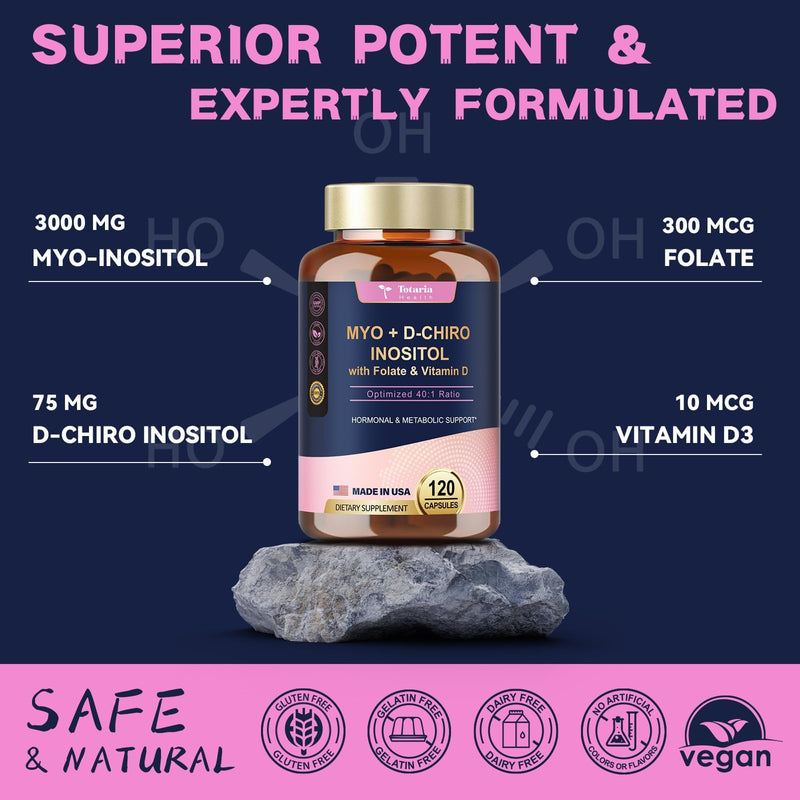 Totaria Inositol Supplement for Women with Vitamin D3, Folate, 40:1 Ratio Myo-Inositol & D-Chiro Inositol Complex, (Vitamin B8) Inositol Capsules, Pack of 2 120 Count (Pack of 2)