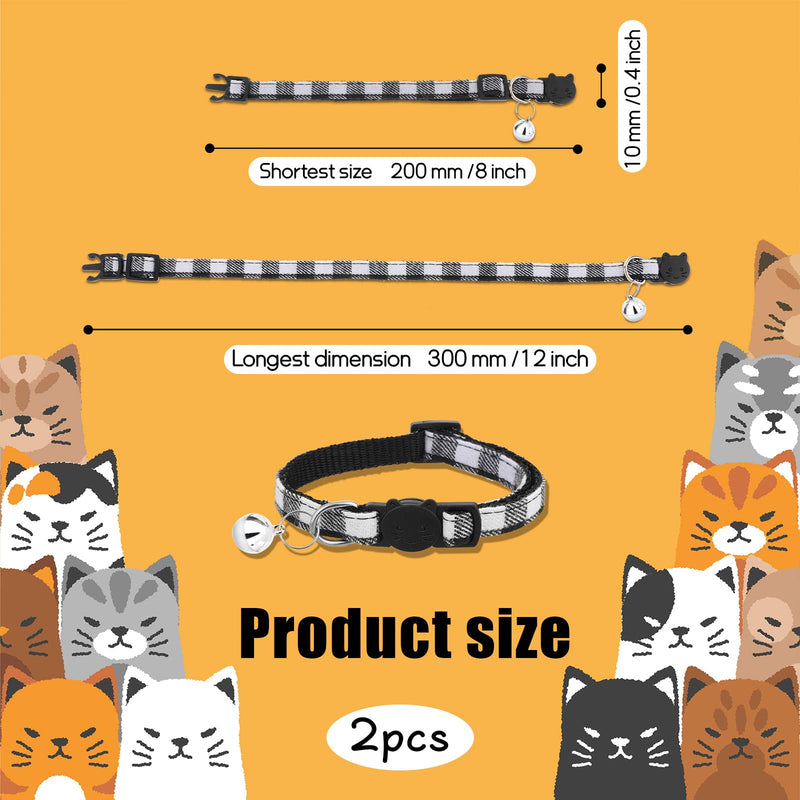 2 Pack Breakaway Grid Collar with Plastic Buckle, Cat Collar with Bell, Adjustable 8-12 Inch Safe Kitten Collars Charms, Nylon Safety Buckle Kitten Collars (Black and White Color Matching) - BeesActive Australia