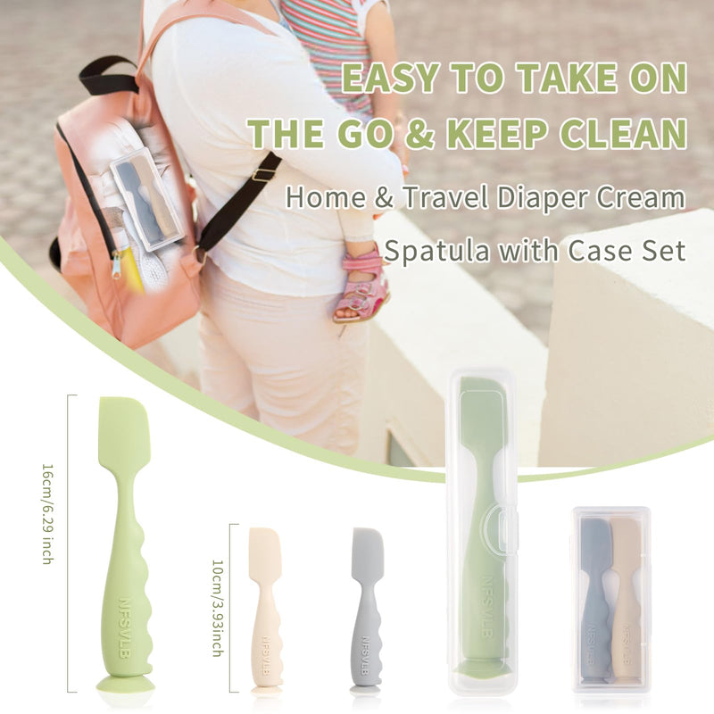 Baby Diaper Cream Spatula with Case-1 Large 2 Mini Butt Paste Spatula with 2 Travel Case-Soft Baby Butt spatula baby Diaper Cream Applicator-Diaper Rash spatula Bum Spatulas Brush Green Gray Beige