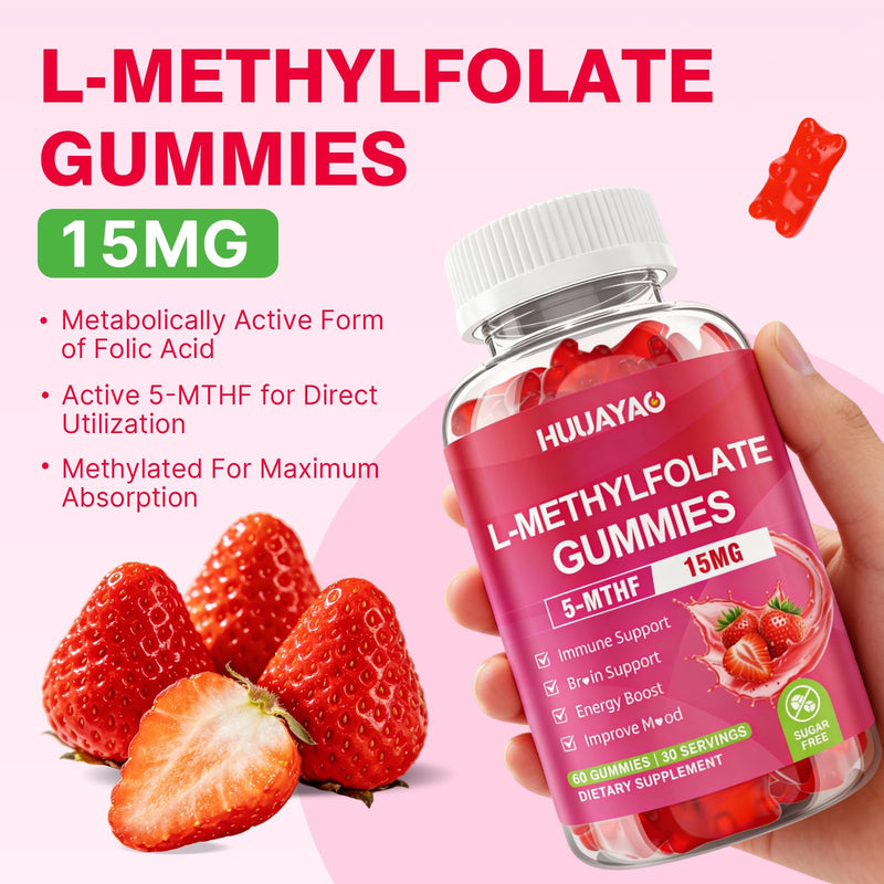 L-Methylfolate 15 mg Gummies, Methylfolate Supplement, Folate 5-MTHF Supplement for Support Mood, Brain Health, Immune System, Sugar Free, Strawberry Flavor, 60 Count 60 Count (Pack of 1)
