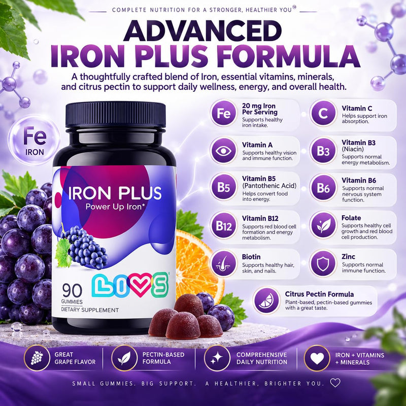 LIVS Iron Plus Gummies – 20mg Gentle Iron Supplement for Women & Men – Anemia Support – Vitamin C for Absorption – Biotin, Folate & B12 for Energy – Gluten Free, Vegan, Halal & Kosher – 180 Count Adults - Iron Plus 90 Count (Pack of 2)