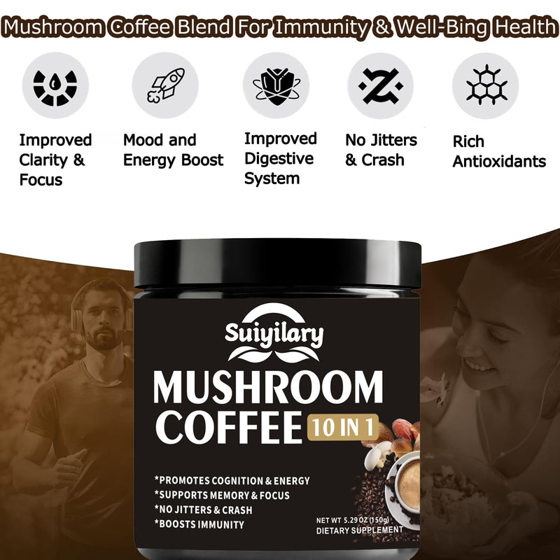 Mushroom Coffee, 10 Mushroom Extract Powder Blend Lion's Mane, Reishi, Chaga, Cordyceps, Turkey Tail, Brain Supplements with Instant Coffee for Energy, Focus, Memory and Immunity 150g mushroom coffee 5.3 Ounce (Pack of 1)