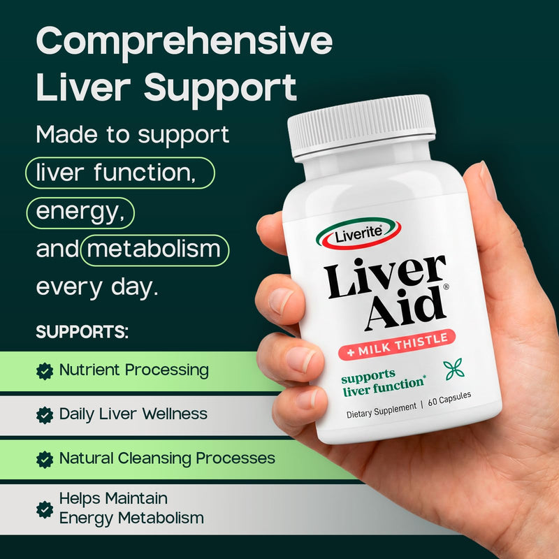 LIVERITE Liver Aid with Milk Thistle 60 Capsules, Liver Support Supplement with Amino Acids, Choline, Milk Thistle & Vitamin B12 – Supports Healthy Liver Function, Energy & Metabolism 60 Count (Pack of 1)