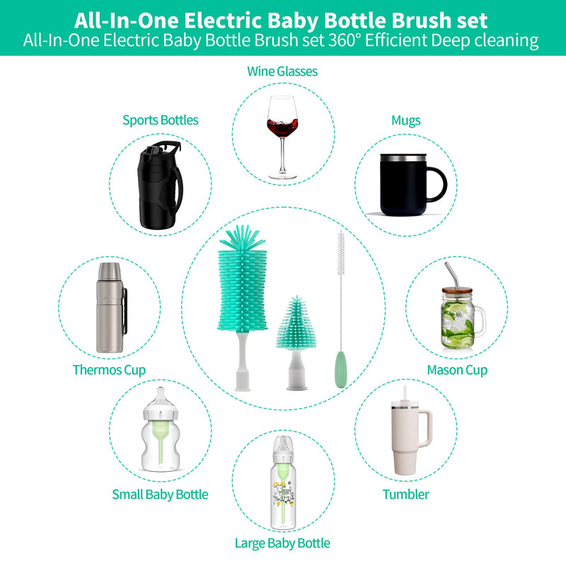 Electric Bottle Brush Cleaner, Portable Electric Baby Bottle Brush Cleaner for Travel, Rechargable Travel Bottle Cleaner Kit with Nipple & Straw Brush, Perfect Mom Essentials After Birth Gift, Green Round Model for Home Use - BeesActive Australia