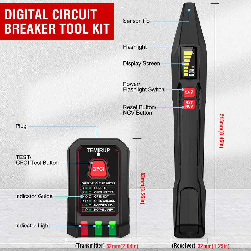 Circuit Breaker Finder with GFCI Outlet Tester, Electrical Circuit Tracer with LCD Display & NCV Test, 90-135V AC Circuit Breaker Finder Tool with Flashlight & Buzzer Alarm, Carrying Case CBF03 circuit breaker finder + 0 Accessories