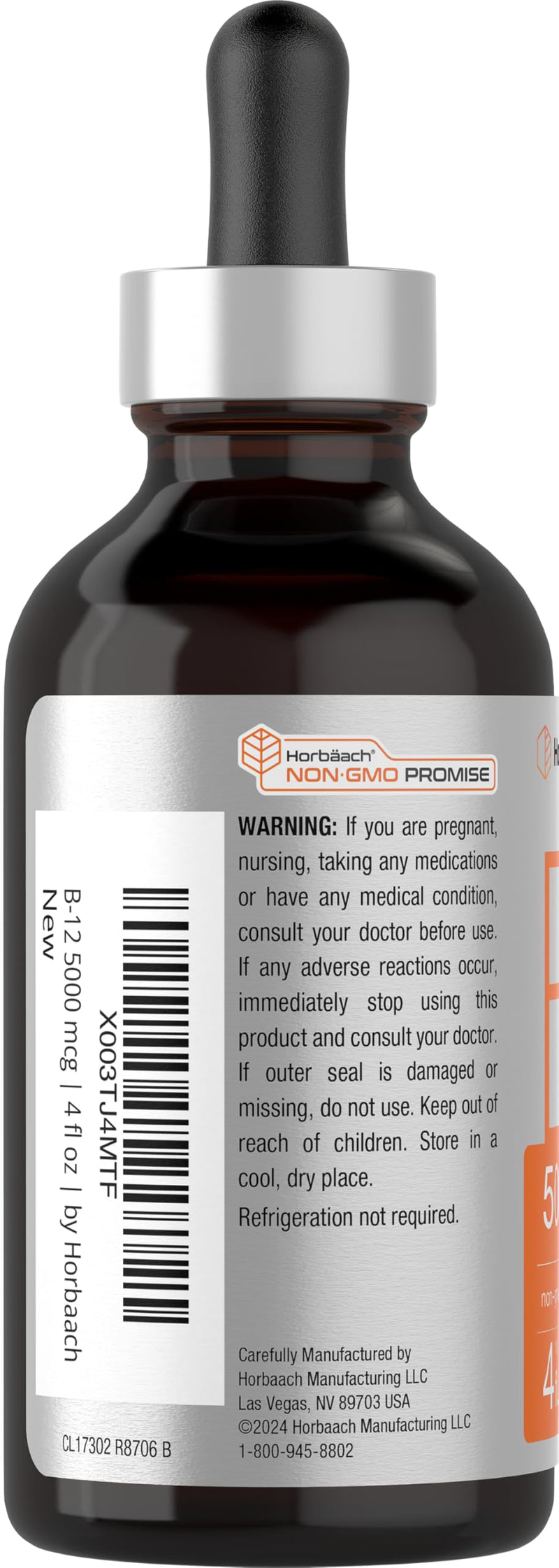 Horbaach B12 Vitamin 5000 mcg Sublingual | 4 Fl Oz | as Methylcobalamin and Cyanocobalamin | Liquid Vegetarian Drops | Berry Flavor | Non-GMO & Gluten Free Supplement