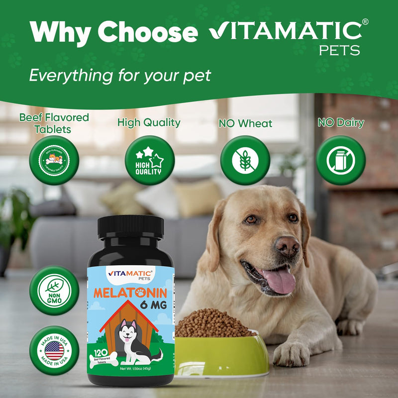 Vitamatic Melatonin for Dogs - 6 mg - 120 Beef Flavored Chewable Tablets ((Pack of 2)) (Pack of 2)
