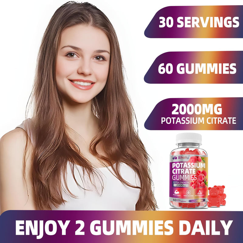 Potassium Citrate Gummies 2000mg, High Potency Electrolyte Gummies, 2 Pack | Potassium Supplement with Magnesium glycinate, Zinc, Vitamin C D3 K2, for Electrolyte Balance, Leg Cramps, Muscle Support 120 Count (Pack of 1)