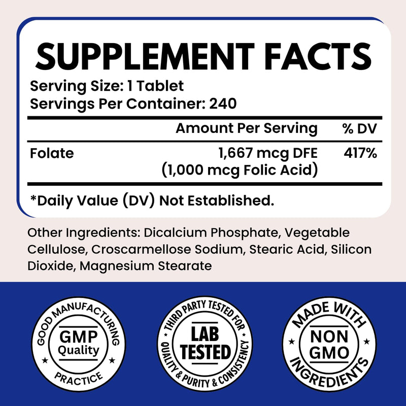 Folic Acid 1000 mcg (1667 mcg DFE) - Vitamin B9 Supplement, 240 Tablets | Non-GMO Tablets, Third Party Tested, Made in USA, Vegetarian, Supports Overall Wellness and Daily Nutrition 240 Count (Pack of 1)
