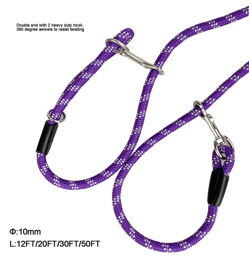 Long Rope Dog Leash for Dog Training 12FT 20FT 30FT 50FT, Reflective Threads Dog Leashes Tie-Out Check Cord Recall Training Agility Lead for Large Medium Small Dogs (Purple, 10mm*20ft) Purple - BeesActive Australia