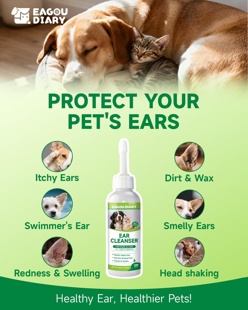 Eagou Diary Dog Ear Cleaner Solution - Cat Dog Ear Infection Treatment, Removes Debris, Wax, Odor, Itch Relief - Pet Ear Wash, Flush and Care with Aloe, Lavender, Chamomile, Ear Drops for Dogs Cats