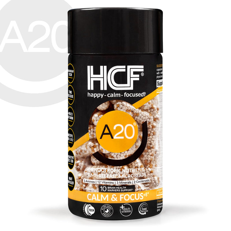 HCF A20 Microbead Brain Health Supplements for Adults for Memory, Focus, Calm, Mood, Alertness, Attention, Vision, Sleep, Immune System, 20 Premium Nootropic Nutrients Multivitamin & 7 Advances® Tech 90 Count (Pack of 1)