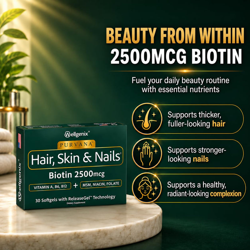 Wellgenix Purvana Hair Skin and Nails Supplement – 2500mcg Biotin Softgels with MSM & B-Complex – Daily Beauty Support for Stronger Nails & Hair Vitality – 30 Softgels | MSM, alpha lipoic acid & grape seed softgels for thicker-looking hair, stronger-lo...