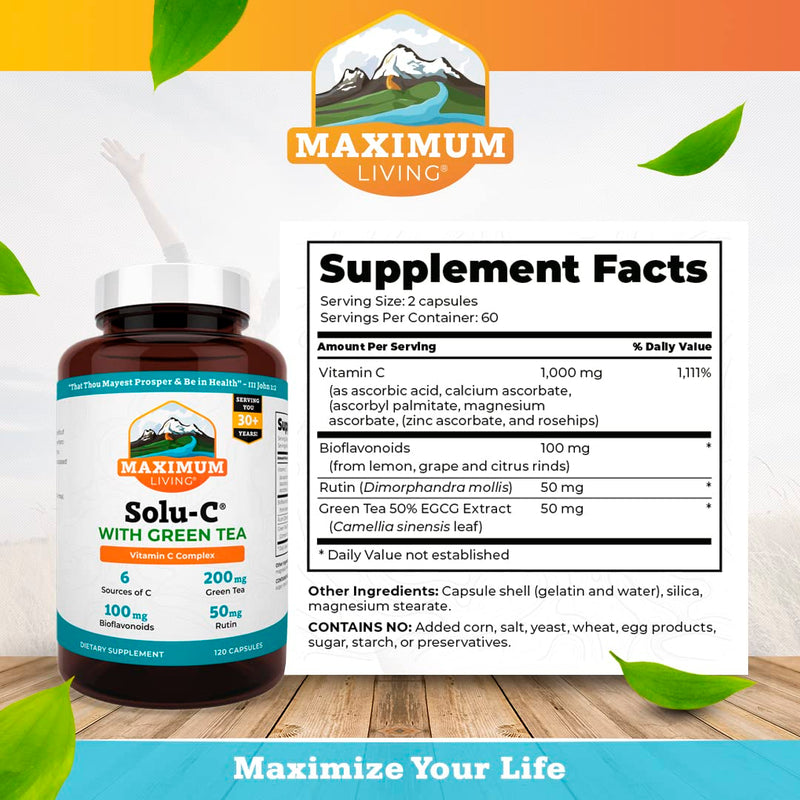 Maximum Living Solu-C with Green Tea - Vitamin C with Bioflavonoids and Rutin - Immune Support -120 Capsules Each - Pack of 2 120 Count (Pack of 2)