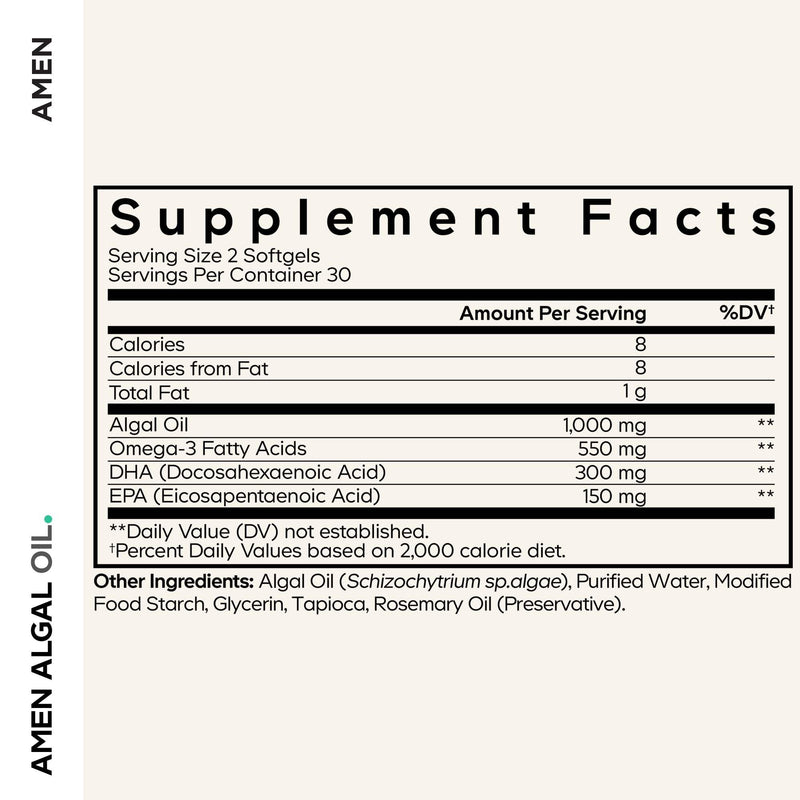 Amen Algal Oil Vegan Omega-3 Supplement, 1000 mg DHA & EPA, 60 Softgels | Plant-based microalgae omega-3, 1000mg DHA & EPA. Vegan, non-GMO.
