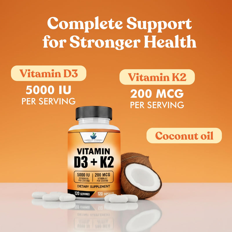 American Standard Supplements Vitamin D3 5000 IU (125mcg) Plus Vitamin K2 (MK7) 200mcg Per Capsule - Gluten Free, Non-GMO, 120 Capsules, 120 Servings, 120 Day Supply 1 Count (Pack of 120)