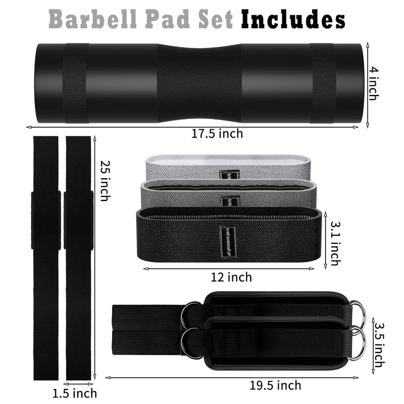 Barbell Pad Set for Squat,10 PCS Hip Thrusts Workout Foam Weight Lifting Bar Cushion with 2 Gym Ankle Straps,3 Hip Resistance Bands,2 Lifting Strap,Barbell Pad and Carry Bag Black 9 PCS - BeesActive Australia