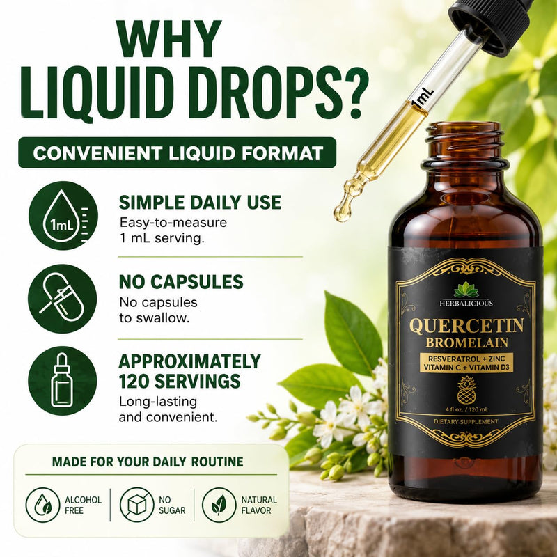 HERBALICIOUS Quercetin Bromelain Liquid with Resveratrol, Zinc, Vitamin C & D3 – Immune Support Drops – 4 fl oz (120 mL) – Fast Absorption – Non-GMO Dietary Supplement