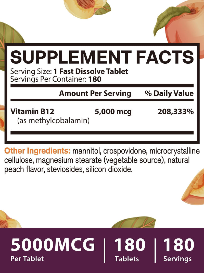 Vitamin B12 Sublingual, Methylcobalamin 5000mcg for Energy Production | Energy, Nerve & Cell Support, Natural Peach Flavor, Vegan, Zero Sugar, 180 Fast Dissolve Tablets 180 Count (Pack of 1)