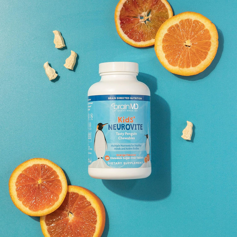 BrainMD Kids NeuroVite Multivitamin Chewables Orange, 120 Count | Penguin-shaped tablets with mineral blend, 60 servings, gluten free, daily nutritional support for healthy development