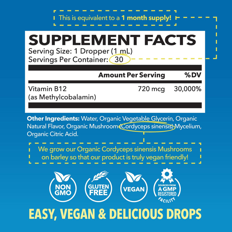 Organic Vitamin B12 Liquid Drops, Strawberry, Enhanced Energy, 1 Fl Oz | USDA Organic Vitamin B12 Liquid Drops, Highly Bioavailable Methylcobalamin for Nervous System Support, 30 Servings, Non-GMO