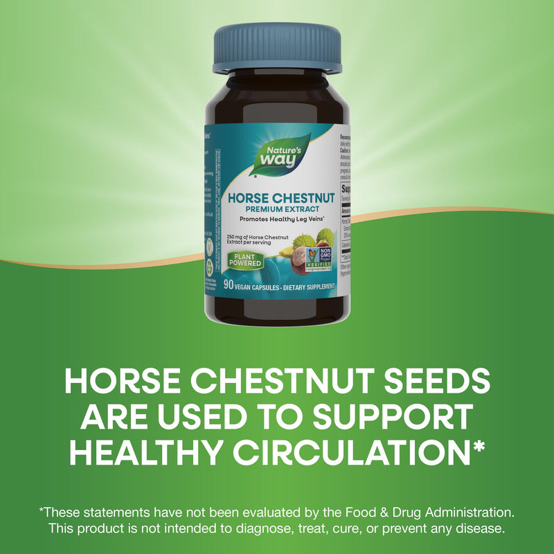 Nature's Way Standardized Horse Chestnut, Premium Extract, Promotes Healthy Leg Veins*, 250 mg per Serving, Vegan, 90 Capsules (Packaging May Vary) 90 Count (Pack of 1) - BeesActive Australia