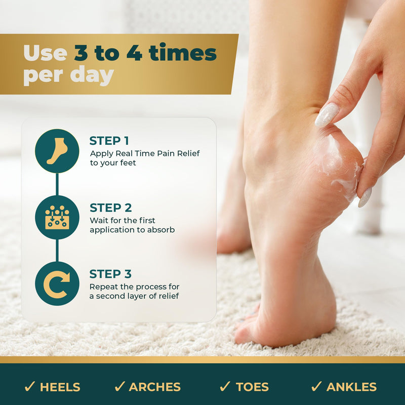 Real Time Pain Relief Foot Cream 4.4oz Jar | 15 Natural Ingredients: Menthol, Tea Tree Oil, Vitamin E & Emu Oil | Advanced Neuropathy Relief & Soothing Lotion for Tired, Swollen, Sore & Aching Feet 4.4 Ounce (Pack of 1)