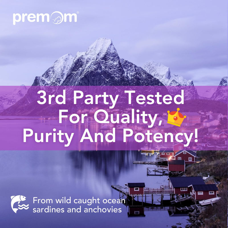 Premom Prenatal DHA Fish Oil: Triglyceride Omega 3 with 470mg DHA, 200mg EPA + 400 IU VIT D3 Supplement - Fertility Support for Women - Globally Sourced from Wild Caught Fish - BeesActive Australia