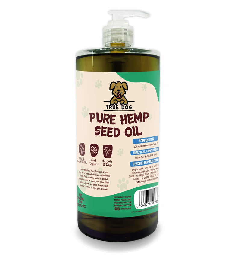 True Dog Hemp Oil for Dogs - Natural Dog & Cat Feed Supplement with omega 3, 6, 9 support hip, joint & dog calming- 100% Pure Cold Pressed (1ltr) 1ltr