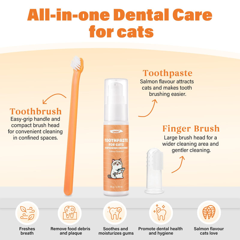 UNEK Cat Dental Care Set – Enzymatic Toothpaste 30g with Salmon Flavor, Including Toothbrush & Finger Brush, Helps Reduce Plaque & Bad Breath