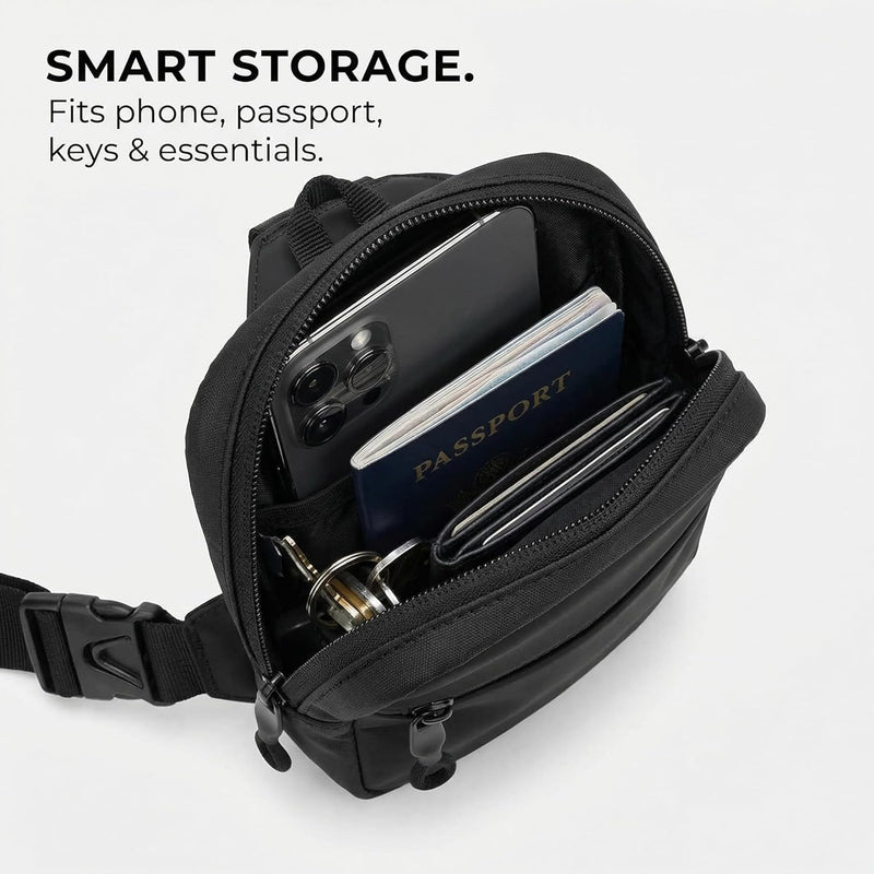 Mini Sling Bag Crossbody Fanny Pack Men & Women - Switchable Strap, RFID Blocking, Water-Repellent, Hidden Pocket Black