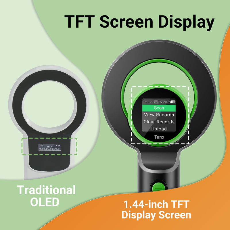 Tera Pet Microchip Scanner Upgrade Large TFT Screen 1800mAh Battery Rechargeable Portable Universal Reader 240 Data Storage for EMID ID64 RFID FDX-B(ISO11784/85) Not for AVID for Dog Management H02 Black-Green - BeesActive Australia