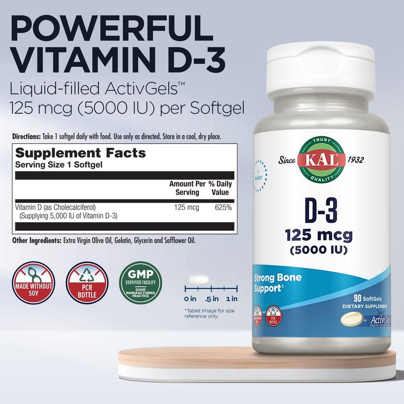 KAL Vitamin D3 5000 IU Softgels (125 mcg), Active Form of Vitamin D, Calcium Absorption, Bone Health, Immune Support Supplement, Liquid Filled ActivGels, Made Without Soy, 90 Servings, 90 Softgels 90 Count (Pack of 1)