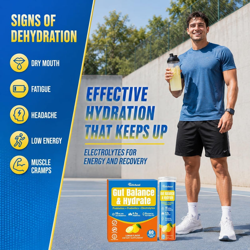 Electrolyte Tablets, Hydration & Fiber Supplement for Women & Men, 60 ct | with Prebiotics & Probiotics for Gut Health, Lemon Flavor Hydration Drink, Electrolytes Sugar Free, Keto Friendly, 60 Tablets 60 Count (Pack of 1)