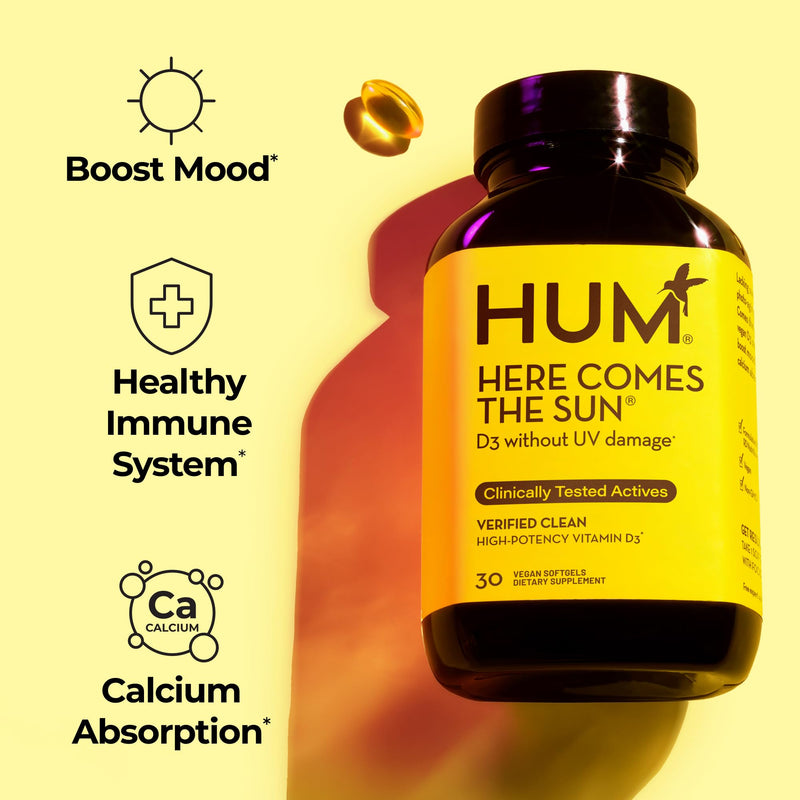HUM Here Comes The Sun Vitamin D3 Immune Support & Bone Health, 30 Count | 2000 IU D3 from Lichen, Women & Men, Non-GMO, Gluten Free, 30 Capsules 30 Count (Pack of 1)