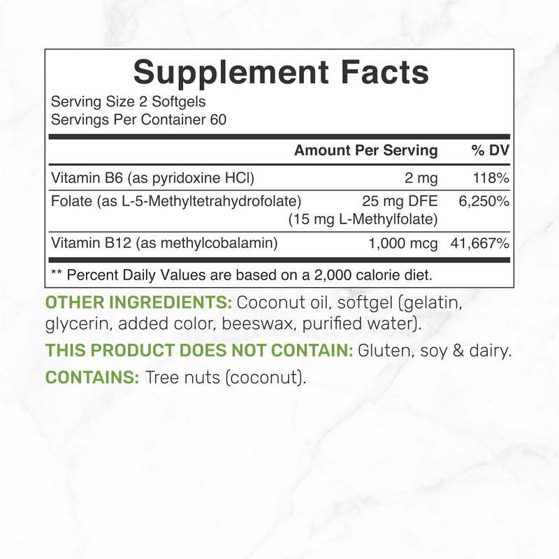 DEAL SUPPLEMENT L-Methylfolate 15 mg Per Serving, 120 Coconut Oil Softgels | 3-in-1 with Active 5-MTHF Methylated Vitamin B9, B6 & Methylated B12 | Active Folate Supplement | Non-GMO, Gluten Free