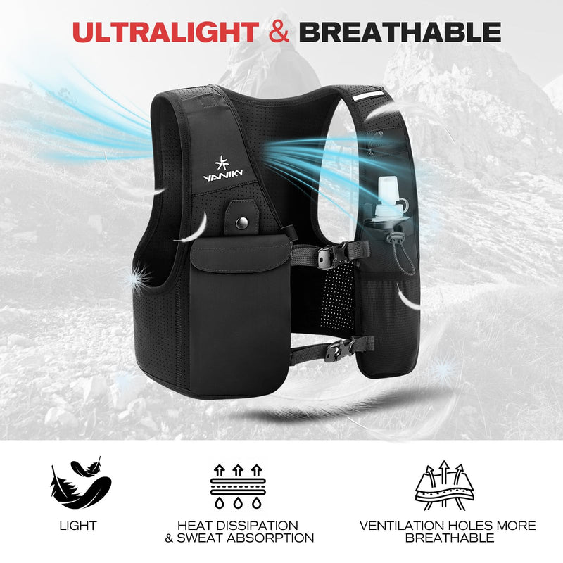 Running Vest for Women Men, Lightweight Breathable Hydration Vest with 500ml Soft Flask, Adjustable Reflective Running Vest with Pockets for Trail Running Hiking Medium-Black