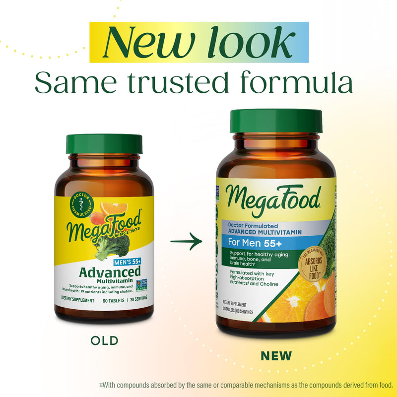 MegaFood Advanced Multivitamin for Men 55+ Doctor Formulated, 120 Tablets | For Healthy Aging, Immune Support, Bone and Brain Health, Choline, Methylated B12, Methylfolate, Vegetarian, 60 Servings 120 Count (Pack of 1)