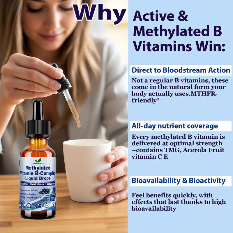 2 Pack Methylated B Complex Liquid Drops Complete 9-in-1 Methyl B Vitamins w. B12 Methylfolate Inositol Choline TMG Vitamin C E, Super B-Complex Methylated for MTHFR Support, Energy Mood Nerve Health1