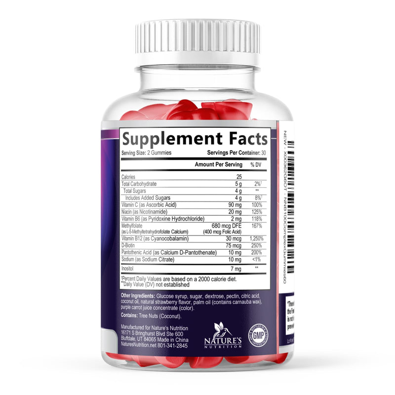 Vitamin B Complex Gummies - Extra Strength Super B Vitamin Gummy with Vitamin C, Immune Support for Men & Women - Energy and Brain Support Supplements with Folic Acid, Niacin, B6, B12 - 60 Gummies 60 Count (Pack of 1)