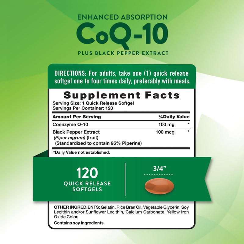 Nature's Truth CoQ10 100mg | 120 Softgels | High Absorption | Non-GMO & Gluten Free Coenzyme Supplement | with Black Pepper Extract