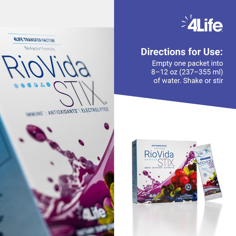 4Life RioVida Stix Superfruit Immune Support Drink Mix, 15 Packets | Acai, Blueberry, Elderberry, Grape, Pomegranate, Electrolytes, Superfruit powder, Single Serve, Hydration sticks