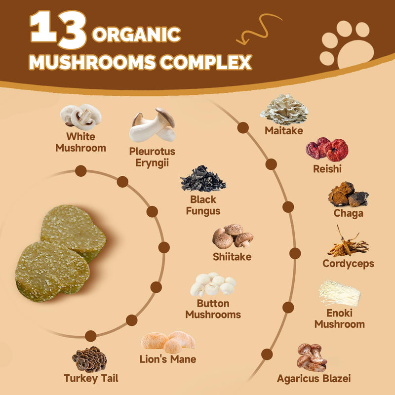 Mushrooms for Dogs - Turkey Tail Mushroom for Dogs - Gut, Skin, Joint, Immune Health- Dog Lumps & Bumps - 13 Organic Mushrooms Turkey Tail, Reishi, Lions Mane, Glucosamine, MSM - Chicken Flavor 1 Pack