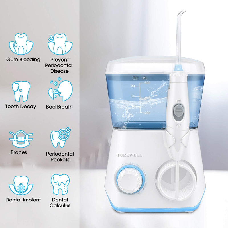 TUREWELL Water Flossing Oral Irrigator, 600ML Dental Cleaner 10 Adjustable Pressure, Electric Oral Flosser for Teeth/Braces, 8 Replacement Jet Tips for Family (White) White - BeesActive Australia