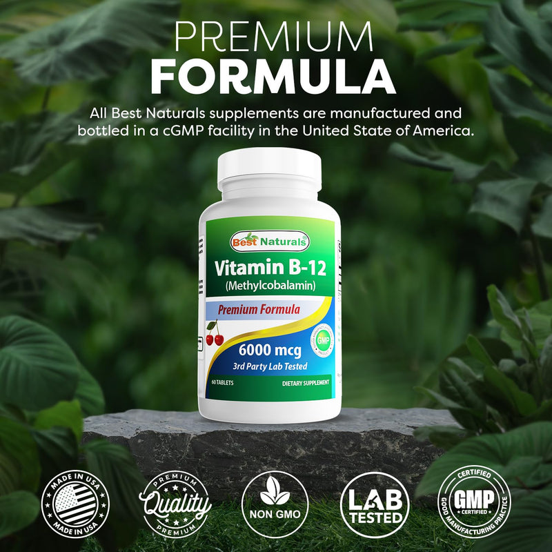 Best Naturals Vitamin B-12 as Methylcobalamin (Methyl B12), 6000 mcg 60 Sublingual Tablets (60 Count (Pack of 2)) Cherry 60 Count (Pack of 2)