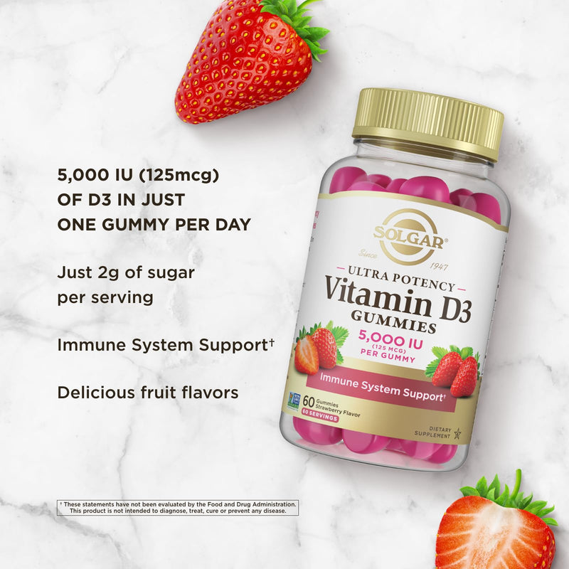 Solgar Vitamin D3 Gummies for Adults 5,000IU Ultra Potency, 60 Servings | Vitamin Immune System Support for Women & Men, Tasty Strawberry Flavor, Gluten & Gelatin Free Gummy, 2 Month Supply, 2g Sugar 60 Count (Pack of 1)